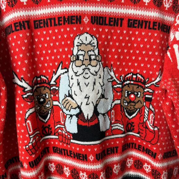 Violent Gentleman Ugly Christmas Sweater Mens 3XL Hockey Santa Elves Crewneck - Picture 2 of 10